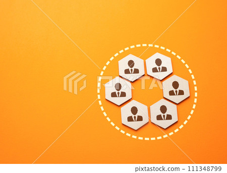 Fully assembled team. Cooperation and collaboration, teamwork. Fostering a dynamic environment where ideas can flourish and tasks can be accomplished efficiently. Productivity and innovation 111348799