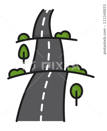 Road color line icon, highway or roadway with trees, vector traffic lane sign. Suburban or town road and street path on hills, freeway drive for transport route navigation or highway roadsign Road color line icon, highway or roadway with trees, vector traffic lane sign. Suburban or town road and street path on hills, freeway drive for transport route navigation or highway roadsign 111348853
