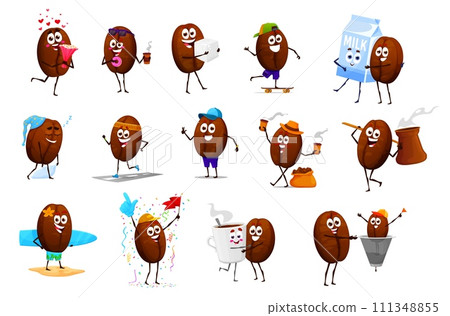 Cartoon cheerful happy coffee bean characters with coffee cup, vector mascot icons. Funny cute coffee beans with face smile hugging milk and sugar, sleeping or with donut dessert and thumb up Cartoon cheerful happy coffee bean characters with coffee cup, vector mascot icons. Funny cute coffee beans with face smile hugging milk and sugar, sleeping or with donut dessert and thumb up 111348855