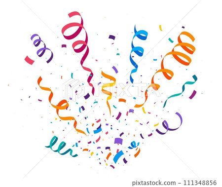 Festive party confetti ribbons and streamer paper stripes for birthday, cartoon vector. Confetti explosion pop of colorful paper ribbons for holiday, carnival or festival and celebration party Festive party confetti ribbons and streamer paper stripes for birthday, cartoon vector. Confetti explosion pop of colorful paper ribbons for holiday, carnival or festival and celebration party 111348856