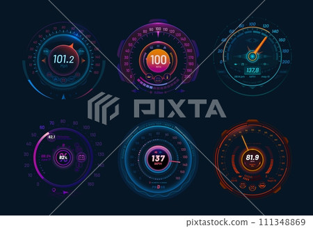 Car speedometers, neon dial and traffic speed gauge dashboard, vector futuristic interface. Car speed meters or speedometer tachometers with arrow and digital indicator of fuel, mph and engine gear Car speedometers, neon dial and traffic speed gauge dashboard, vector futuristic interface. Car speed meters or speedometer tachometers with arrow and digital indicator of fuel, mph and engine gear 111348869