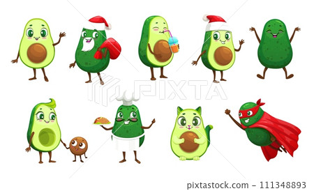 Cartoon mexican avocado characters, vector fruit food. Funny avocado cat, chef, Santa and superhero personages with Christmas gift bag, taco, red hat and toque, super hero cape, mask and baby seed Cartoon mexican avocado characters, vector fruit food. Funny avocado cat, chef, Santa and superhero personages with Christmas gift bag, taco, red hat and toque, super hero cape, mask and baby seed 111348893