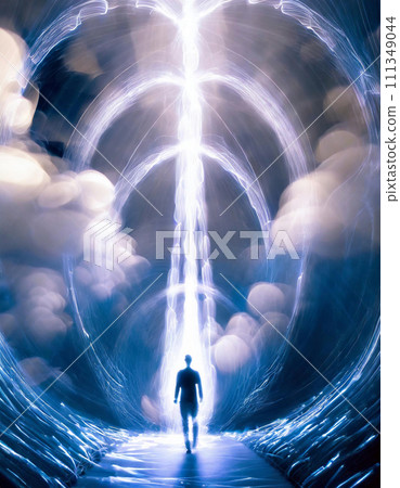 Silhouette of a person walking toward the light Silhouette of a person walking toward the light 111349044