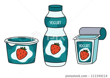 Set of jars for yoghurt. Different packaging for yoghurt and drink. Plastic pot Set of jars for yoghurt. Different packaging for yoghurt and drink. Plastic pot 111349214
