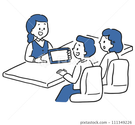 A man and a woman receive an explanation from a female clerk 111349226