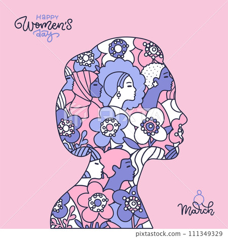 International womens day postcard. Doodle line art portraits of beautiful women with flowers in female heads silhouette. Graceful templates for cards, posters, flyers and other users. Vector lettering 111349329