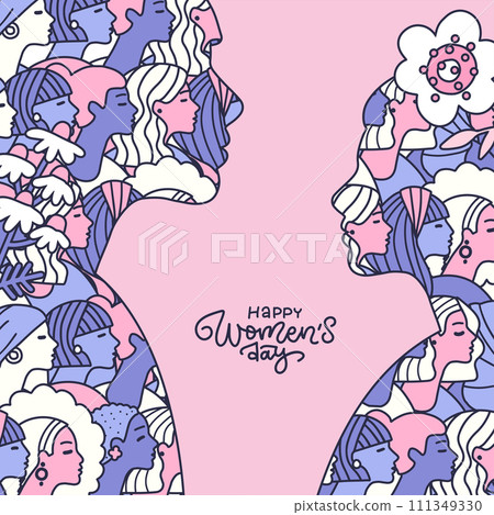 International women's day greeting card or social media cover. Two female head silhouettes made of girl's head pattern. Vector hand drawn illustration with lettering greeting text. 111349330