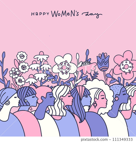 Happy International Women's Day greeting card. Girls from different cultures with spring flowers. Freedom, independence, equality struggle poster template. Female faces profile with various hair. 111349333
