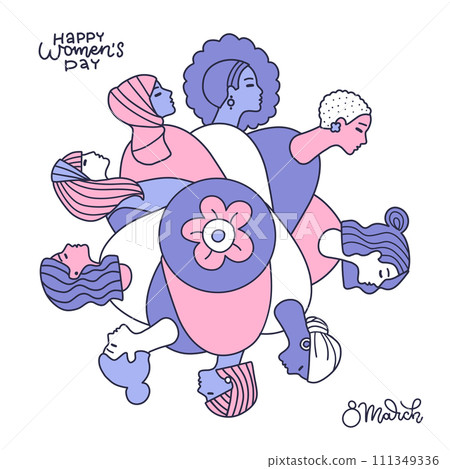 Women's day greeting card design. 8 March concept with different women in round rotating composition. Linear doodle simple style vector illustration. Women's day greeting card design. 8 March concept with different women in round rotating composition. Linear doodle simple style vector illustration. 111349336