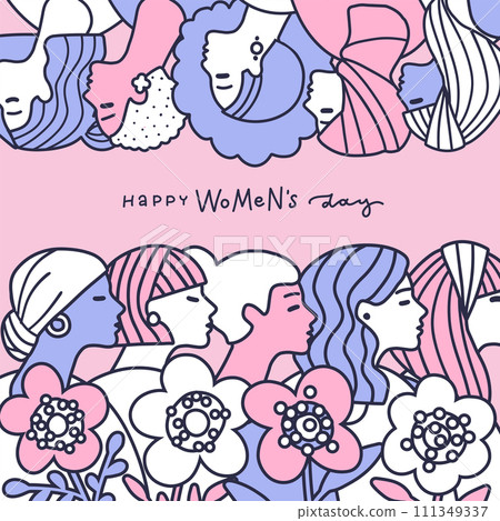 International Women's Day greeting card with abstract different female profile portraits in linear doodle style. Women empowerment concept. Vector hand drawn illustration with lettering greeting text. International Women's Day greeting card with abstract different female profile portraits in linear doodle style. Women empowerment concept. Vector hand drawn illustration with lettering greeting text. 111349337