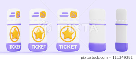 3d render icon set of cinema tickets rotation. Cartoon isolated coupon, voucher with gold star and qr code to movie theater and concert, game animation with sequence rotating elements. 3D illustration 3d render icon set of cinema tickets rotation. Cartoon isolated coupon, voucher with gold star and qr code to movie theater and concert, game animation with sequence rotating elements. 3D illustration 111349391