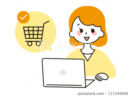 一位女士在電腦上網購物。 111349409