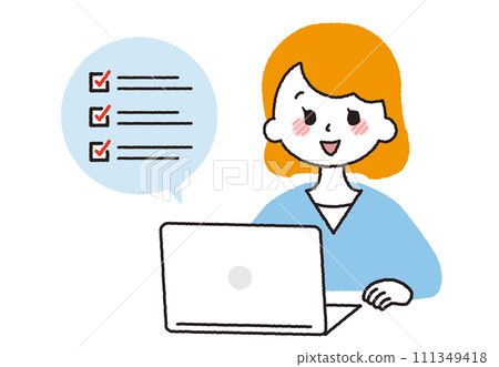 A woman responding to a questionnaire. A person doing input work on a computer. A woman responding to a questionnaire. A person doing input work on a computer. 111349418