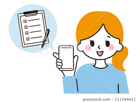 A woman responding to a questionnaire. A person doing input work on a smartphone. 111349421