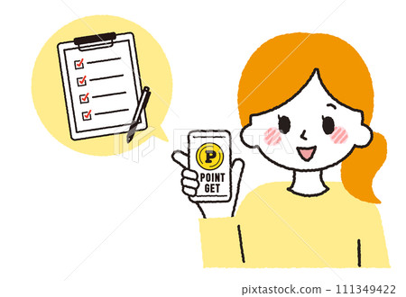 A woman answers a questionnaire and gets points. A person doing input work on a smartphone. 111349422