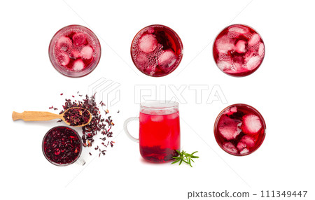 Hibiscus Tea, Dry Rose Drink, Cold Fruit Red Tea in Transparent Mug, Roselle Hibiscus Tea 111349447