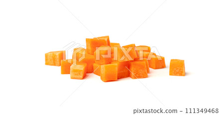 Fresh Diced Carrot, Raw Carrot Cubes Closeup, Chopped Orange Root Vegetable, Diced Carrots Pile 111349468