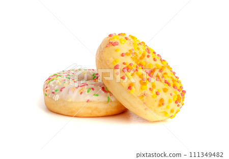 Doughnuts Isolated, Glazed Frosted Donuts with Colorful Sprinkles 111349482