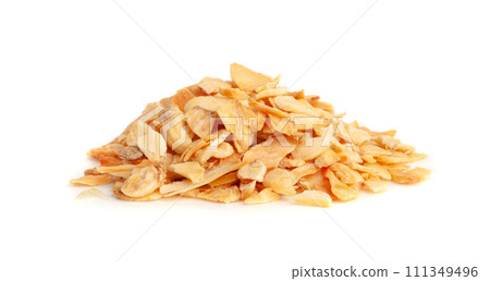 Dry Garlic Slices, Crispy Fried Cloves Pile Closeup, Roasted Grilled Garlic Flakes, Clove Chip Group Dry Garlic Slices, Crispy Fried Cloves Pile Closeup, Roasted Grilled Garlic Flakes, Clove Chip Group 111349496
