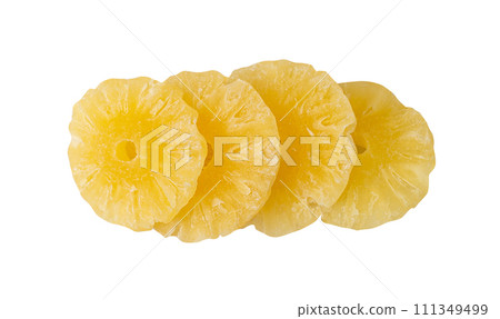 Dry Pineapple Rings Isolated, Candy Pineapples, Dehydrated Yellow Sugar Fruit, Candied Fruits Circles 111349499