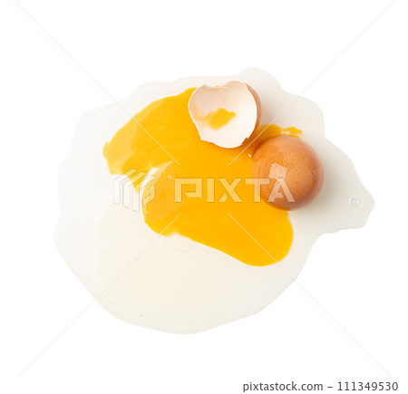 Broken Egg Isolated, Raw Yolk and White, Cracked Brown Shell, Fresh Broken Chicken Eggs on White Background 111349530