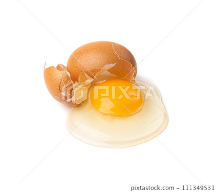 Broken Egg Isolated, Raw Yolk and White, Cracked Brown Shell, Fresh Broken Chicken Eggs on White Background 111349531
