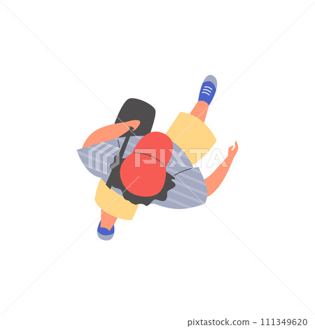 Man with shoulder bag walking forward, overhead vector person in casual clothes and red cap in motion character top view Man with shoulder bag walking forward, overhead vector person in casual clothes and red cap in motion character top view 111349620