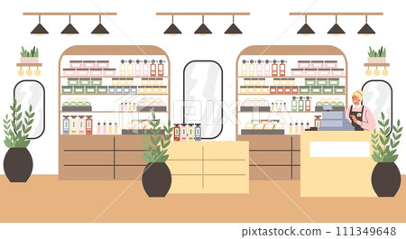 Cosmetics shop interior, seller behind counter, vector skin care and spa products, beauty and hygiene accessories Cosmetics shop interior, seller behind counter, vector skin care and spa products, beauty and hygiene accessories 111349648