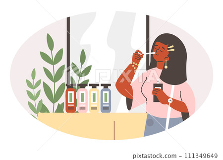 Woman choose fashion perfume on shopping in beauty cosmetics perfumery shop vector illustration, apply aroma scent Woman choose fashion perfume on shopping in beauty cosmetics perfumery shop vector illustration, apply aroma scent 111349649