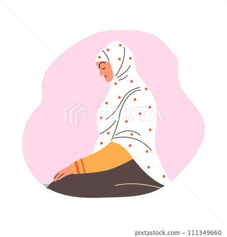 Muslim woman praying on knees, communicating with Allah, vector Islamic religious person in national Arab clothing hijab 111349660
