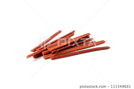 Fish Jerky Isolated, Dry Salted Seafood Snack, Hake Stockfish, Small Pieces of Dehydrated Pollock Fish Jerky Isolated, Dry Salted Seafood Snack, Hake Stockfish, Small Pieces of Dehydrated Pollock 111349681