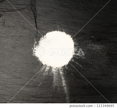 Flour Texture Background, Wheat Flour Pattern with Copy Space, Bakery Banner Mockup, Black Table Plate 111349695