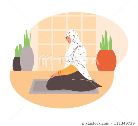 Muslim woman praying, cartoon style vector illustration isolated on white Muslim woman praying, cartoon style vector illustration isolated on white 111349729