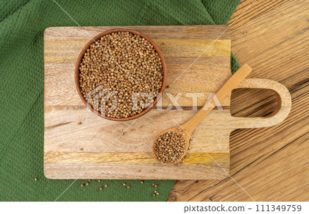 Coriander Seeds in Bowl, Organic Cilantro Grains, Chinese Parsley Seed Group, Dry Spices, Seasonings 111349759