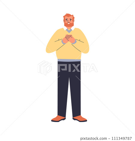 Man is grateful and touched, cute gesture, vector illustration on white 111349787