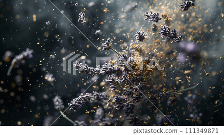 Lavender sprigs, crushed flowers flying in the light on dark background 111349871