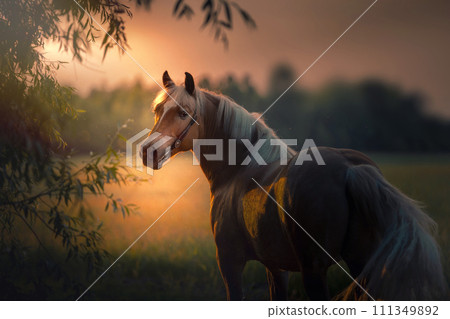 Golen horse is on a field on the sunset light 111349892