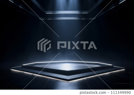 Modern dance stage light background. Stage lighting performance show. Entertainment show. Contemporary dance stage. Minimalist stage lighting design. Minimalist stage illumination. Generative AI. 111349990