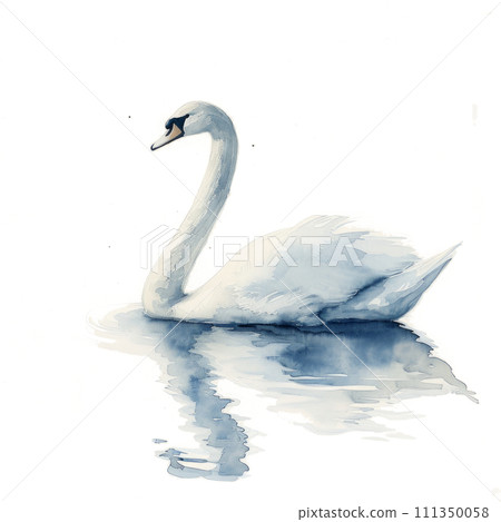 A graceful watercolor swan, its elegance captured on a serene white background 111350058