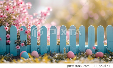 A serene garden scene with a pastel-painted wooden fence, perfect for an Easter egg hunt A serene garden scene with a pastel-painted wooden fence, perfect for an Easter egg hunt 111350137