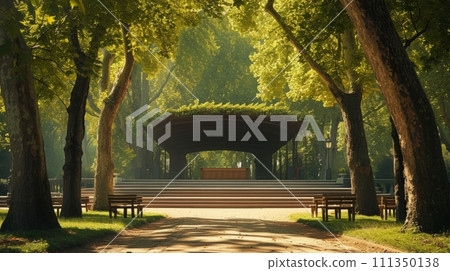 An elegant stage positioned in a tranquil park, framed by ancient trees An elegant stage positioned in a tranquil park, framed by ancient trees 111350138