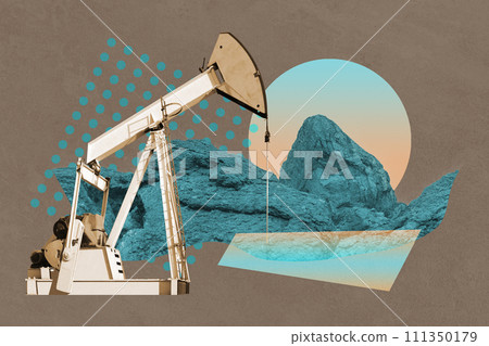 Funky collage with industrial oil rig. Art poster, template concept design or zine cover. Pump Jack. Funky collage with industrial oil rig. Art poster, template concept design or zine cover. Pump Jack. 111350179