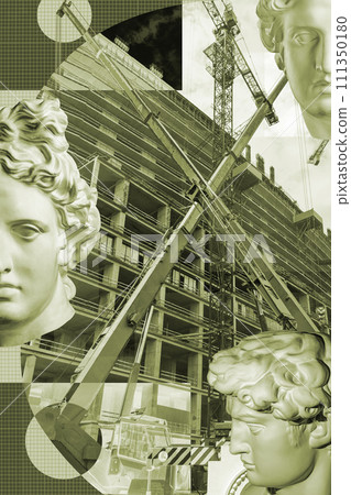 Surreal art collage with elements of classic architectural details, antique statues, new building facades, construction sites. Mixed industrial background of modern and historical architecture. 111350180