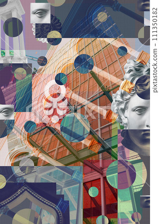 Surreal art collage with elements of classic architectural details, antique statues, new building facades, construction sites. Mixed industrial background of modern and historical architecture. Surreal art collage with elements of classic architectural details, antique statues, new building facades, construction sites. Mixed industrial background of modern and historical architecture. 111350182