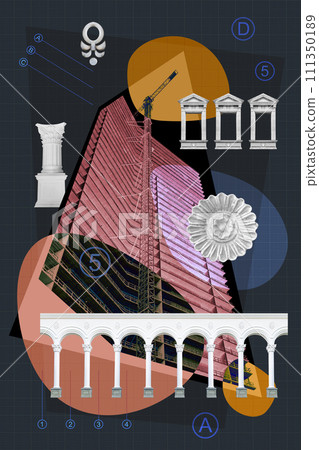 Urban environment and city life. Surreal art collage with elements of architectural details, building facades, construction sites. Mixed industrial background of modern and historical architecture. 111350189