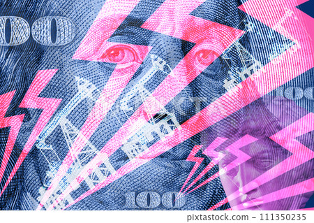 Pop art collage with antique statue head, industrial objects and portrait Benjamin Franklin from the 100 dollars bill. Alternative zine culture. Surreal poster, template for concept design or cover. 111350235