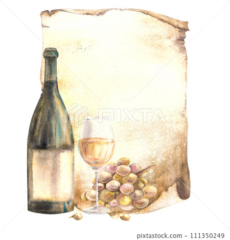 Wine bottle and glass on old papyrus leaf background, menu, wine list. Wine making template. Watercolour hand draw food illustration on white background for your print of sticker, flyers, drink, card Wine bottle and glass on old papyrus leaf background, menu, wine list. Wine making template. Watercolour hand draw food illustration on white background for your print of sticker, flyers, drink, card 111350249