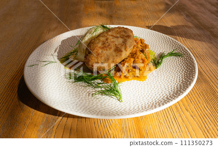 Breaded Meat Cutlets with Mashed Potatoes and Stewed Cabbage Garnish, Restaurant Main Course 111350273