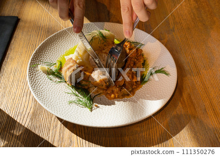 Breaded Meat Cutlets with Mashed Potatoes and Stewed Cabbage Garnish, Restaurant Main Course 111350276