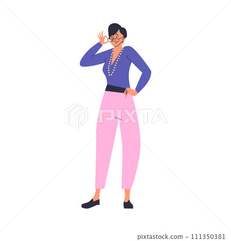 Woman standing and adjusting her glasses, vector illustration on white Woman standing and adjusting her glasses, vector illustration on white 111350381